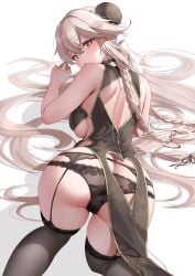 1girls all_fours alternate_costume anchorage_(azur_lane) anchorage_(moonlit_boat_ride)_(azur_lane) ass azur_lane blonde_hair breasts classic_(zildjian33) clothed clothing eagle_union_(azur_lane) eyebrows_visible_through_hair female female_only garter_straps huge_butt light-skinned_female light_skin looking_at_viewer looking_back official_alternate_costume on_all_fours panties red_eyes solo star-shaped_pupils symbol-shaped_pupils thighhighs