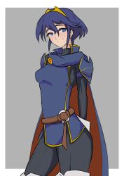 1girls alternate_hairstyle blue_eyes blue_hair brand_of_the_exalt breasts cape female female_only fire_emblem fire_emblem_awakening grey_background hair_between_eyes in2naps looking_at_viewer lucina_(fire_emblem) marth_(fire_emblem_awakening) nintendo official_alternate_hairstyle pantyhose simple_background small_breasts smile solo sweater symbol-shaped_pupils thighs tiara