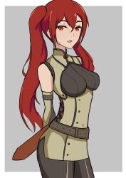 1girls breasts female female_only fire_emblem fire_emblem_awakening grey_background hair_between_eyes in2naps long_hair long_sleeves looking_at_viewer medium_breasts nintendo open_mouth pants red_eyes red_hair severa_(fire_emblem) simple_background smile solo standing sword twintails very_long_hair weapon