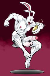 1boy abs alice_in_wonderland anthro balls barefoot biceps big_feet class_comics fur humanoid_penis lagomorph male male_only mammal muscular muscular_male nipples pecs penis pocket rabbit red_eyes solo vein watch white_fur white_rabbit_(wonderland)