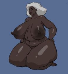 1girls 69_(artist) big_breasts breasts dark-skinned_female dark_skin female gilf huge_breasts kneeling mature_female nude_female thick_thighs white_hair