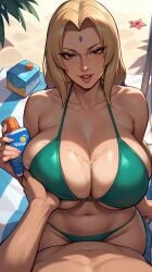 1boy 1girls abs ai_generated beach big_breasts bikini bikini_bottom bikini_top boruto:_naruto_next_generations breast_grab breasts_bigger_than_head cleavage difuxer faceless_male female female_focus grabbing grabbing_breasts green_bikini groping groping_breasts holding_object hourglass_figure huge_breasts kneeling large_breasts looking_at_viewer male male/female male_pov mature mature_female mature_woman midriff milf mommy nai_diffusion naruto naruto:_the_last naruto_(classic) naruto_(series) naruto_shippuden naughty_face offering offering_to_another partial_male plump pov presenting presenting_breasts seaside sitting stable_diffusion sunscreen tsunade voluptuous voluptuous_female wide_hips