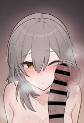 1boy 1girls absurdres bar_censor blush breasts censored cheek_poking cheek_press cleavage close-up closed_mouth cockslap erection female grey_hair hair_between_eyes highres honkai:_star_rail honkai_(series) looking_at_viewer male_pov medium_hair one_eye_closed penis penis_on_face pepepe6pe poking pov slapping_with_penis solo_focus stelle_(honkai:_star_rail) straight trembling upper_body veins veiny_penis wince yellow_eyes