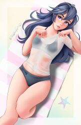 1girls alternate_costume bare_legs beach beach_towel bikini black_bikini black_swimsuit blue_eyes blue_hair blue_swimsuit breasts fire_emblem fire_emblem_awakening from_above jackary_draws lips long_hair lucina_(fire_emblem) midriff navel nintendo on_back on_towel outdoors see-through shirt small_breasts solo starfish swimsuit towel wet_clothes