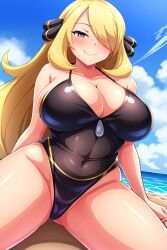 ai_generated beach big_breasts blonde_hair blush busty cleavage creatures_(company) curvy cynthia_(pokemon) female female female_only front_view game_freak hair_ornament hi_res highres huge_breasts milf navel nintendo outdoors pokemon pokemon_(game) pokemon_dppt pokemon_trainer seraphim_ai sitting smile solo stable_diffusion swimsuit thick_thighs