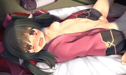 1girls animal_ears bangs barefoot black_hair blush breasts breath caught embarrassed female gyokuto_b long_hair looking_at_viewer lying masturbation mole navel nekone_(utawarerumono) nipples on_back open_clothes open_mouth red_eyes saliva solo spread_legs sweat tail tears utawarerumono utawarerumono:_itsuwari_no_kamen