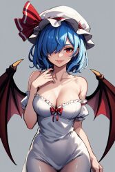 aged_up ai_generated alternate_breast_size alternate_costume bangs bare_shoulders bat_wings blue_hair blush bow breasts cleavage collarbone covered_navel cowboy_shot detached_sleeves dress female frills grey_background hair_over_one_eye hand_on_own_chest hand_up hat hat_ribbon highres large_breasts lips looking_at_viewer mob_cap off-shoulder_dress off_shoulder red_bow red_eyes red_ribbon remilia_scarlet ribbon short_hair short_sleeves simple_background smile solo standing touhou white_dress white_headwear wings wombat9043