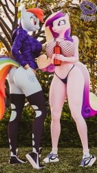 3d_(artwork) 9:16 anthro anthrofied big_breasts breasts clothing detailed_background digital_media_(artwork) duo equid equine female fishnet fishnet_topwear friendship_is_magic hand_on_hip hasbro hi_res horn mammal my_little_pony outside panties princess_cadance_(mlp) puppy3d rainbow_dash_(mlp) tagme thong torn tree underwear unicorn water_bottle