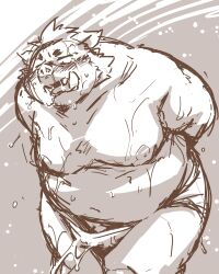 2024 4:5 anthro belly big_belly bodily_fluids clothing cum genital_fluids gouryou kemono lifewonders male male_focus mammal moobs navel nipples overweight overweight_male simple_background solo suid suina sus_(pig) sweat takagi_kyou tokyo_afterschool_summoners underwear wild_boar