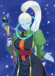 1girls angel_(dragon_ball) blue_skin clothed dragon_ball dragon_ball_z female girl girl_only ponytail spacezin tight_clothing vados white_hair