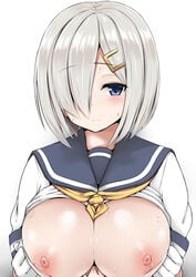 blue_eyes blush breasts female gloves hair_ornament hair_over_one_eye hairclip hamakaze_(kantai_collection) highres kantai_collection large_breasts looking_at_viewer mitsukazu_(nijigen_complex) nipples school_uniform serafuku shirt_lift short_hair silver_hair sweat white_gloves