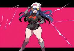 1girls ai_generated black_clothing blue_hair dawn_(pokemon) enemy_conversion female full_body hat large_breasts mind_control pokemon pokemon_dppt salute team_rocket team_rocket_uniform thick_thighs