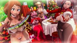 3d 4girls antler_headband antlers bikini black_hair blonde_hair boku_no_hero_academia bra brown_eyes brown_hair christmas christmas_clothing christmas_outfit christmas_tree female female_only food himiko_toga huge_breasts koi-animex koikatsu light-skinned_female light_skin looking_at_viewer merry_christmas mina_ashido momo_yaoyorozu my_hero_academia nipples ochako_uraraka party pink-skinned_female pink_hair pink_skin presents self_upload sitting standing stockings thighhighs toga_himiko