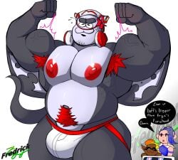 armpit_hair beard big_man_(splatoon) bulge flexing fredrick7298 frye_(splatoon) headgear headphones_around_neck jockstrap male_focus moobs musclegut pubic_hair shiver_(splatoon) splatoon_3 sweat sweatdrop veiny_muscles