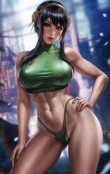 1female 1girls abs absurdres athletic athletic_female bangs bare_arms bare_shoulders bare_thighs big_breasts black_hair breasts busty capcom child_bearing_hips clothed clothed_female clothing crossover dandon_fuga female female_focus female_only fingernails fit fit_female gold_hairband green_clothes green_clothing green_panties green_sports_bra green_underwear hairband hand_on_hip hand_on_own_hip high_resolution highres hips large_breasts light-skinned_female light_skin looking_at_viewer mature_female mature_woman midriff nail_polish red_eyes red_lips red_lipstick red_nail_polish red_nails shiny_hair sideboob skindentation slim_girl slim_waist solo solo_female solo_focus sports_bra spy_x_family standing stomach street_fighter street_fighter_6 thick_thighs thighs toned toned_body toned_female toned_stomach very_high_resolution yor_briar yor_forger