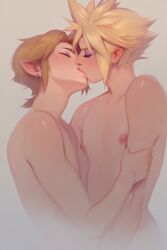 2boys 2d ai_generated arm_grab blonde_hair closed_eyes cloud_strife crossover ear_piercing eyeliner eyeshadow fakeshit femboy femboy_on_femboy feminine_male final_fantasy final_fantasy_vii french_kiss french_kissing from_side gay kiss kissing light-skinned_male light_skin link lipstick makeup male male/male male_nipples male_only nude nude_male pointy_ears sissy spiky_hair the_legend_of_zelda upper_body yaoi