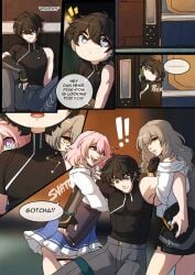 1boy 2girls comic dan_heng english_text female grey_hair honkai:_star_rail kinkymation male march_7th_(honkai:_star_rail) pink_hair stelle_(honkai:_star_rail) text throuple