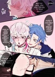 2boys blue_hair color femboy gavis_bettel green_eyes holostars holostars_english holostars_english_-tempus- hyacinthalien large_penis male male/male male_only pleasure_face regis_altare text text_bubble virtual_youtuber yaoi