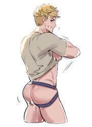 1boy absurdres ass bara black_male_underwear blonde_hair closed_mouth clothes_lift cum cum_on_ass cum_on_male granblue_fantasy grey_shirt highres implied_yaoi jockstrap male_focus male_underwear milkiato muscular muscular_male no_visible_genitalia shirt shirt_lift short_hair simple_background solo underwear undressing vane_(granblue_fantasy) white_background