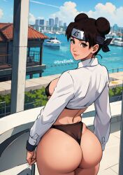 1girls ai_generated ass ass_bigger_than_head ass_focus back_view blush bottomless breasts bubble_ass bubble_butt dat_ass double_bun female female_only forehead_protector g-string hair_bun headband looking_at_viewer looking_back looking_back_at_viewer micro_bikini nai_diffusion naruto naruto_(series) naruto_shippuden nice_ass open_shirt panties partially_clothed partially_submerged pinup presenting presenting_ass rear_view round_ass s8link shirt sideboob skimpy skimpy_clothes stable_diffusion standing tenten thick_ass thick_thighs thighs thong thong_panties twin_buns watermark