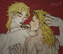 2boys back birthmark black_nail_polish blonde_hair completely_nude dio_brando earrings father_and_son giorno_giovanna golden_wind green_lipstick hexprb incest joestar_birthmark jojo's_bizarre_adventure lipstick long_hair long_nails makeup muscular muscular_male nude scar scar_on_neck smile stardust_crusaders vampire vento_aureo yaoi