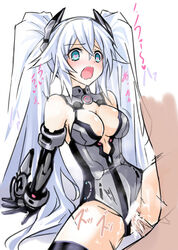 1boy 1girls bar_censor bare_shoulders black_heart blush breasts censored cleavage clothed_sex clothing cowgirl_position cum cum_in_pussy cum_inside elbow_gloves female gloves heart heart-shaped_pupils leotard leotard_aside long_hair male neptunia_(series) noire open_mouth penetration penis pussy sex spread_legs sweat symbol-shaped_pupils thighhighs tied_hair twintails vaginal_penetration very_long_hair white_hair