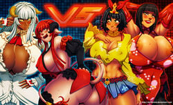 4girls abs adellia_(corruption_of_champions) alternate_breast_size anna_williams areola ass bimbo black_hair breasts busty china_dress cleavage corruption_of_champions cosplay cow_girl dark-skinned_female dark_skin darkereve eliza_(tekken) emilie_de_rochefort erect_nipples female grindella_(corruption_of_champions) horns huge_ass huge_breasts human josie_rizal large_breasts legend_of_queen_opala licking_lips long_hair multiple_girls muscular_female namco navel nipple_slip nipples osira queen_opala red_hair short_hair standing tail tekken thick_thighs voluptuous white_hair