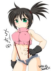 armpits black_hair blush breasts creatures_(company) cropped_shirt denim denim_shorts female game_freak gloves green_eyes highres huge_breasts idaleekone kasumi_(pokemon) large_breasts legs looking_at_viewer navel nintendo nipples pink_skirt pokemon shirt short_shorts shorts simple_background skirt sleeveless sleeveless_shirt solo stomach suspender_shorts suspenders the_electric_tale_of_pikachu thighs unzipped white_background