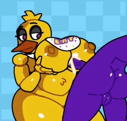 anthro avian big_breasts boobjob breasts chica_(fnaf) chicken chubby chubby_female classic_chica_(fnaf) crushtrap cum cum_on_breasts edit edited five_nights_at_freddy's fnaf paizuri purple_guy_(fnaf) thick_thighs titfuck titjob unamused