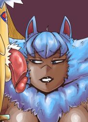 1boy 1futa animal_ears black_lipstick blue_eyes blue_fur blue_hair cat_ears catgirl dark_skin disgusted felicia_(a_wild_anglerfish) flaccid futanari jolteon joltorito jolty_(joltorito) looking_at_penis penis size_difference yellow_fur