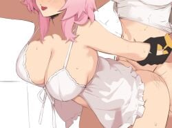 1futa 1girls ambiguous_penetration ass babydoll bent_over bottomless breasts cleavage clothed clothing crop_top doggy_style duo erection female female_focus futa_on_female futanari gloves head_out_of_frame highres holding_another's_wrist honkai:_star_rail honkai_(series) human large_breasts light-skinned_female light-skinned_futanari light_skin march_7th_(honkai:_star_rail) mostly_nude multiple_girls pink_hair sex short_hair soulnark standing stelle_(honkai:_star_rail) sweat tongue tongue_out unfinished white_babydoll