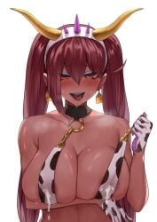 1girls big_breasts black_collar blue_eyeshadow blue_lipstick blush brown_hair collar cow_print cow_print_bikini dark-skinned_female dark_skin earrings female female_only gloves hairband horns horns_hairband lactation lactation_through_clothes long_hair looking_at_viewer makeup mchiefy narrowed_eyes o-ring open_mouth red_eyes simple_background sling_bikini smiling smiling_at_viewer solo tongue_out tsona_(nyantcha) twintails voluptuous white_background