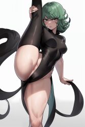 1girls ai_generated angry cameltoe dress female female_only green_eyes green_hair leotard medium_breasts one-punch_man single_thighhigh solo standing_split tatsumaki thick_thighs viriai white_background