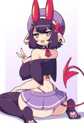 1girls 2024 ass black_hair black_thighhighs demon_girl demon_horns demon_tail female female_only forked_tongue hair_ribbon headwear heart-shaped_pupils hi_res horns j5daigada kneeling looking_at_viewer looking_back looking_back_at_viewer microskirt miniskirt pointy_ears red_eyes selene_(daigada) skirt smiling smiling_at_viewer solo spiked_collar tail thighhighs thong_above_skirt thong_straps tongue_out v_sign