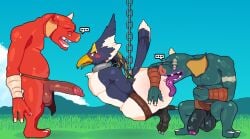 3boys anthro ass avian balls big_butt bird blin_(tloz) blue_body blue_feathers blush bodily_fluids bokoblin bondage bound breath_of_the_wild digital_media_(artwork) feathers gay genitals group hi_res humanoid hylian male male/male mammal mertvykhcrows monster nintendo nude open_mouth penis pixel_(artwork) protagonistsub_antagonistdom revali rito simple_background tail teeth the_legend_of_zelda trio white_body yaoi