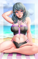 1girls alternate_costume beach bikini black_bikini black_swimsuit blue_eyes breasts byleth_(fire_emblem) byleth_(fire_emblem)_(female) female female_only fire_emblem fire_emblem:_three_houses jackary_draws medium_breasts medium_hair nintendo ocean outdoors solo swimsuit teal_hair