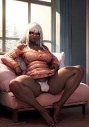 1futa ai_generated barefoot blue_eyes bulge cleavage dark-skinned_futanari dark_skin futa_only futanari goblinenthusiast indoors panties penis_bulge penis_in_panties self_upload sitting sweater taker_pov white_hair