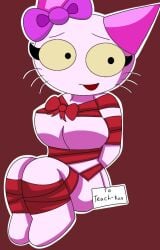 anthro bow featureless_breasts feline female furry lemonwafiubeats lhilmoncitafnf light_orange_eyes light_pink_fur lily_(lhilmoncitafnf) medium_breasts pink_ears purple_bow restrained ribbon_bondage ribbons sitting solo_female tag teach_the_cat whiskers