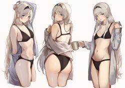 1girls 3_small_spiders an-94_(girls'_frontline) ass bare_shoulders black_bra black_panties blue_eyes blush bra breasts casual female from_behind from_side girls'_frontline grey_hair midriff mug multiple_views off_shoulder open_clothes open_shirt panties shirt small_breasts thighs underwear