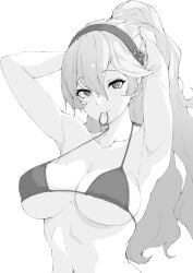 1girls alternate_hairstyle armpits arms_up bikini breasts corrin_(fire_emblem) corrin_(fire_emblem)_(female) female female_only fire_emblem fire_emblem_fates greyscale hair_between_eyes hairband large_breasts looking_at_viewer monochrome mouth_hold nintendo otomorifb ponytail sideboob skindentation smile solo swimsuit tying_hair underboob