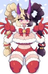 1girls 2023 ayaka_(athighhighguy) big_breasts black_hair blonde_hair braided_hair breasts christmas christmas_outfit cleavage female female_focus female_only hi_res horns j5daigada kneeling long_hair looking_at_viewer neck_bell neck_ribbon oni oni_horns open_mouth original original_character outstretched_arms pink_eyes purple_horns slit_pupils smiling smiling_at_viewer solo thick_thighs thighs two_tone_hair very_long_hair