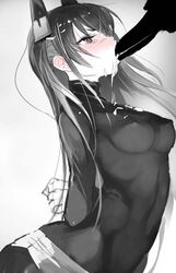 arms_behind_back blush breasts covered_navel covered_nipples dripping female from_side full_mouth headgear long_hair menou_kaname monochrome nose_blush profile silhouette simple_background sketch skin_tight solo solo_focus spot_color taishi_(picchiridou) tears tsurime very_long_hair white_background