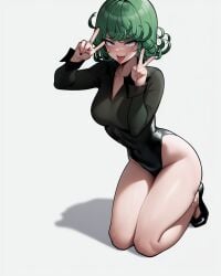 1girls ahe_gao ai_generated collared_leotard double_peace_sign female female_only full_body green_eyes green_hair high_heels kneeling leotard long_sleeves medium_breasts one-punch_man peace_sign skin_tight solo tatsumaki thick_thighs tongue_out viriai white_background