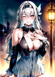 1girls absurd_res ai_generated cleavage dress firefly_(honkai:_star_rail) grey_hair hair_ornament happy headband honkai:_star_rail medium_breasts multicolored_eyes night one_eye_closed qqitu smile stable_diffusion streetlight wholesome