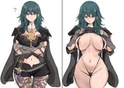 1girls 2koma ? alternate_version_available areola_slip armlet armor black_cape blue_eyes blue_hair bodice breasts bustier byleth_(female)_(fire_emblem) byleth_(fire_emblem) byleth_(fire_emblem)_(female) cape cleavage closed_mouth clothing_cutout commentary crossed_arms dagger dark_blue_hair expressionless female female_only female_pubic_hair fire_emblem fire_emblem:_three_houses flashing gauntlets green_eyes hair_between_eyes heart highres knife large_breasts leggings lifted_by_self light-skinned_female light_skin long_hair looking_at_viewer medium_hair multiple_views navel navel_cutout nintendo one-piece_swimsuit pantyhose pantyhose_under_shorts patterned_legwear presenting_breasts pubic_hair purple_eyes rakeemspoon revealing_clothes shirt_lift shorts shoulder_armor simple_background slingshot_swimsuit solo split_screen standing stomach swimsuit tassel turtleneck vambraces weapon white_background