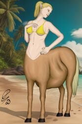 beach bikini bikini_top blonde_hair breasts centaur centauress detailed detailed_bulge dragonczech equid equine female female_pred horse vore vore_belly