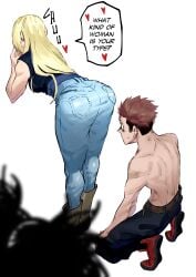 1boy 1girls 1other absurdres ass ass_awe ass_focus bent_over big_ass black_hair blonde_hair blue_sash boots breasts brown_footwear brown_hair choso_kamo commentary denim dingotoad english_commentary english_text female from_behind heart highres itadori_yuuji jeans jujutsu_kaisen kneeling large_breasts long_hair looking_at_another looking_at_ass no_pupils pants sash shirt sleeveless sleeveless_shirt speech_bubble staring staring_at_another staring_at_ass text toned toned_male topless_male undercut white_background wide_hips yuki_tsukumo