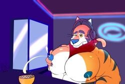 abs anthro big_pecs blue_nipples blush bodily_fluids electronics felid frosted_flakes headphones hi_res kellogg's lactating male mammal mascot muscular nipples pantherine pecs raccoon_mints scarf solo tiger tony_the_tiger