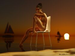 3d beach beddetective cyberpunk_2077 nude_female one_leg_up panam_palmer sitting sitting_on_chair sunset