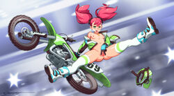 boots breasts earrings female gloves green_eyes jacket motorbike motorcycle nipples open_mouth pink_hair pussy small_breasts solo spread_legs spread_pussy thighhighs tied_hair tongue tongue_out twintails